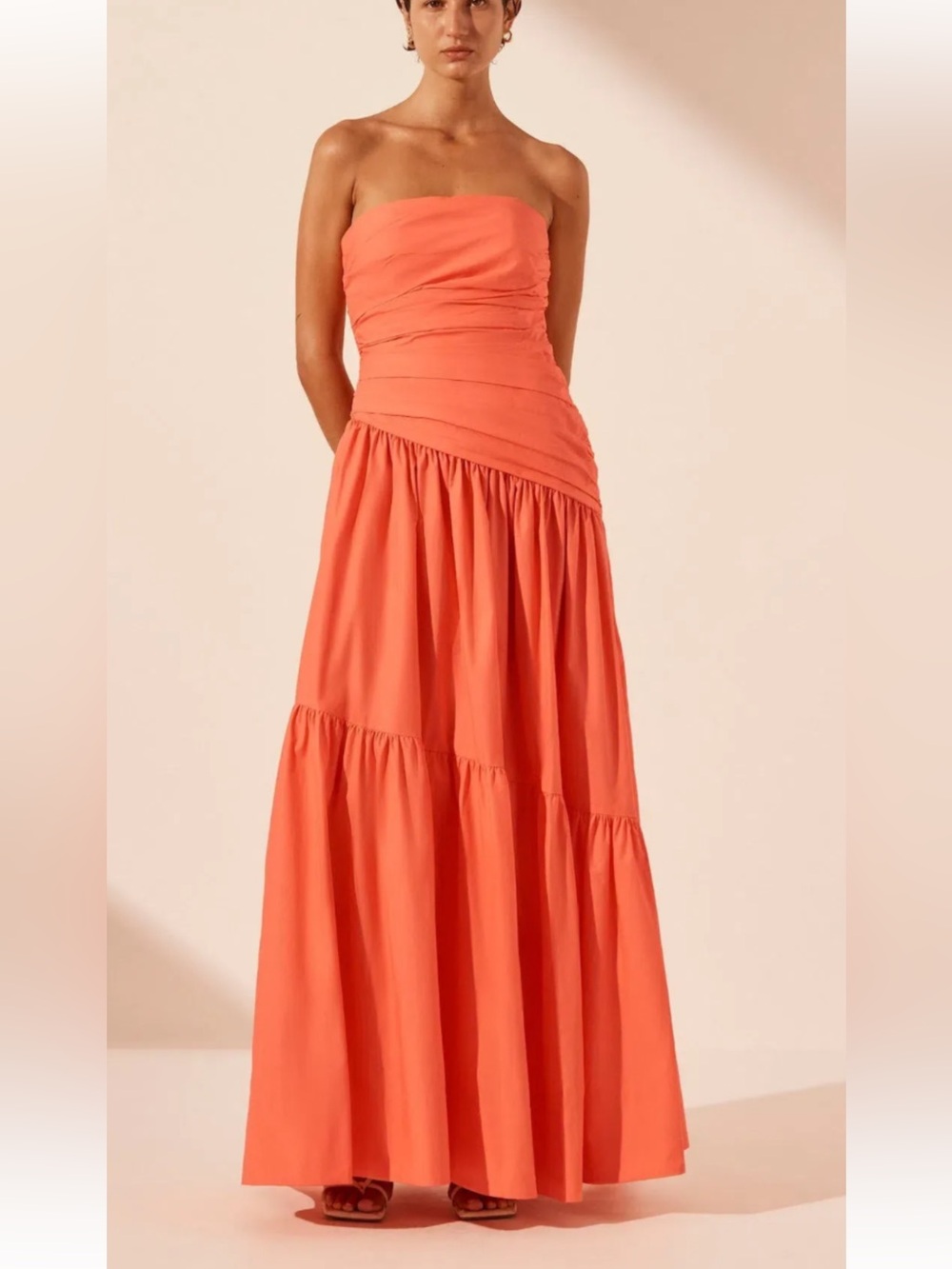 Shona Joy Coral-Orange Asymmetric Tiered Maxi Dress